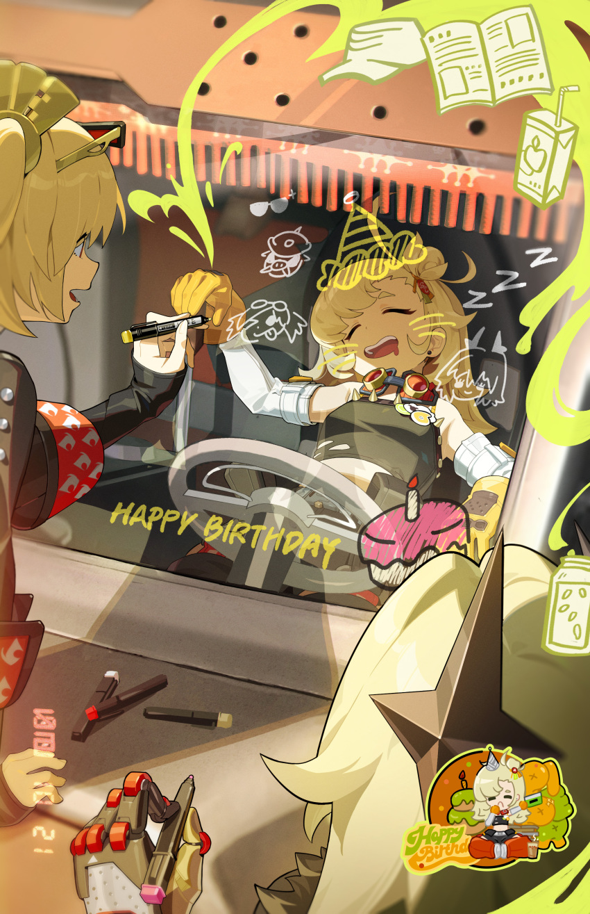 3girls :d ^_^ absurdres bare_shoulders blonde_hair burnice_white caesar_king_(zenless_zone_zero) closed_eyes commentary english_commentary goggles happy_birthday head_tilt highres holding holding_marker long_hair marker multiple_girls official_art open_mouth piper_wheel short_hair smile steering_wheel zenless_zone_zero zzz