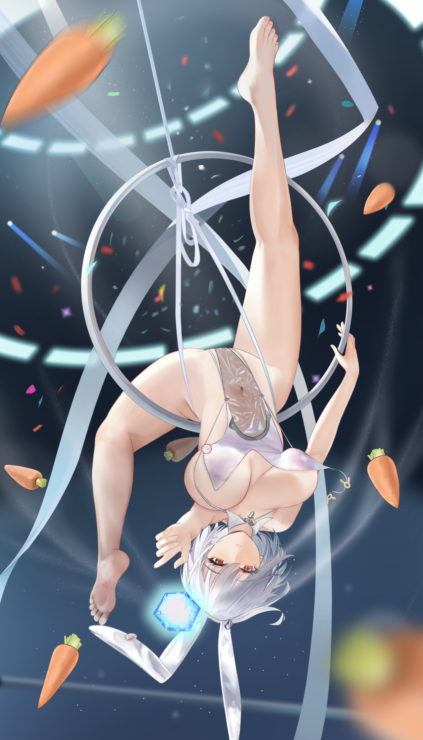 absurdres aerial_hoop animal_ears azur_lane barefoot breasts carrot changgong8745 confetti covered_erect_nipples covered_navel detached_collar fake_animal_ears gymnastics hair_between_eyes highleg highleg_leotard highres large_breasts leotard looking_at_viewer medium_hair navel official_alternate_costume pink_nails playboy_bunny rabbit_ears red_eyes sirius_(azur_lane) sirius_(rabbit_of_paradise)_(azur_lane) soles stage_lights upside-down white_hair white_leotard wisdom_cube_(azur_lane)