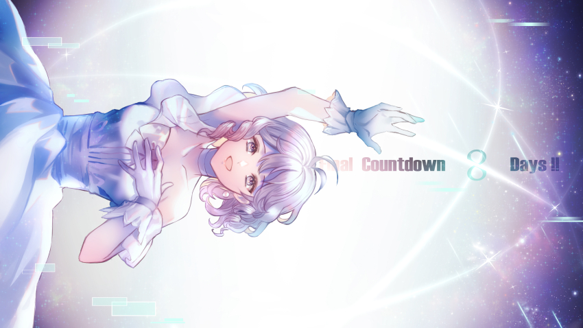 1girl ahoge arm_up bow choker collarbone countdown_illustration dress dress_bow drill_hair drill_sidelocks frilled_gloves frills gloves hand_on_own_chest highres inaba_miyuki juusan_kihei_bouei_ken nadir_(nadirnek) off-shoulder_dress off_shoulder purple_eyes purple_hair sidelocks smile solo strapless strapless_dress white_choker white_dress