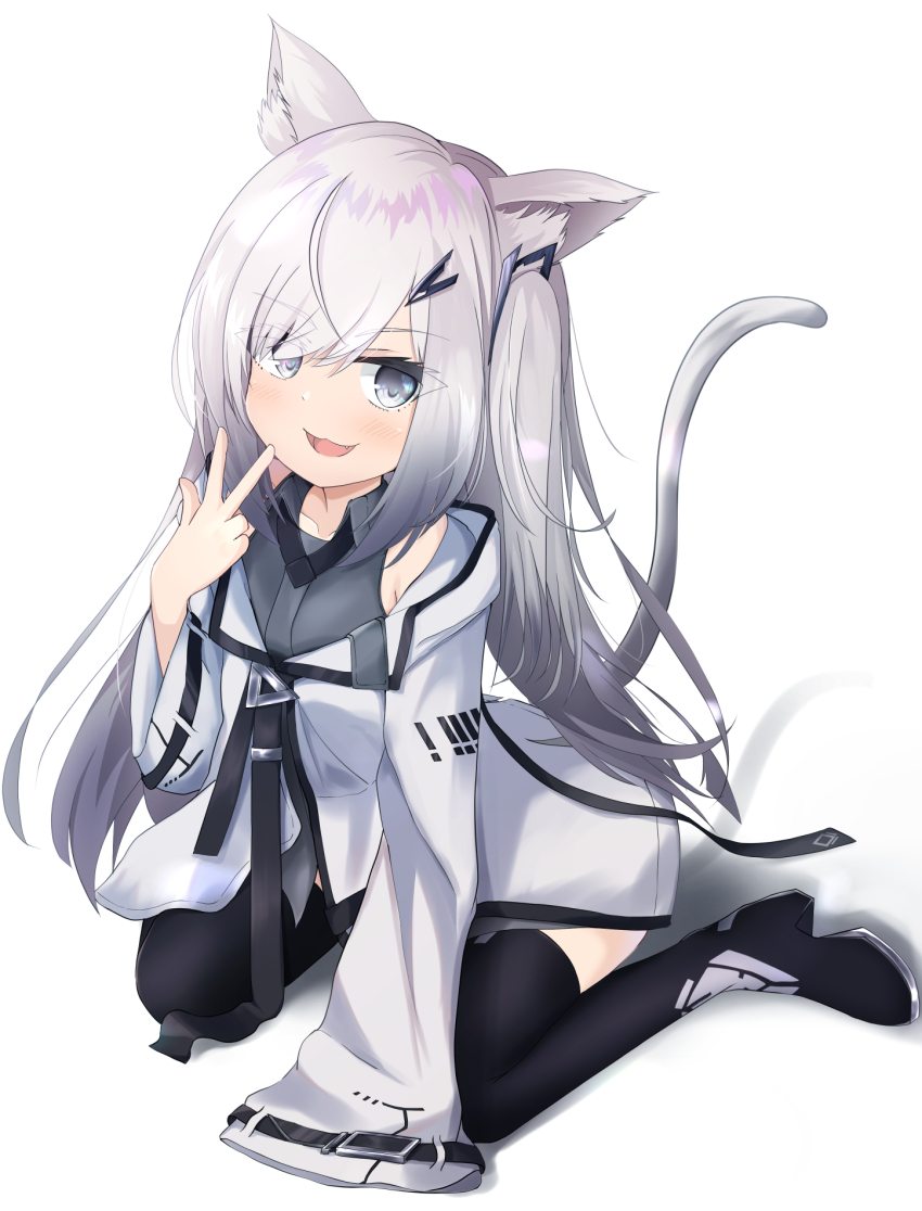 :3 :d allial_(coefont) animal_ears black_footwear boots cat_ears cat_tail coat coefont gradient_hair grey_eyes grey_hair hair_over_one_eye high_heel_boots high_heels highres kaine_(gupisgood) long_hair looking_at_viewer multicolored_hair one_side_up open_mouth simple_background sitting smile tail thigh_boots thighhighs w wariza white_background white_coat