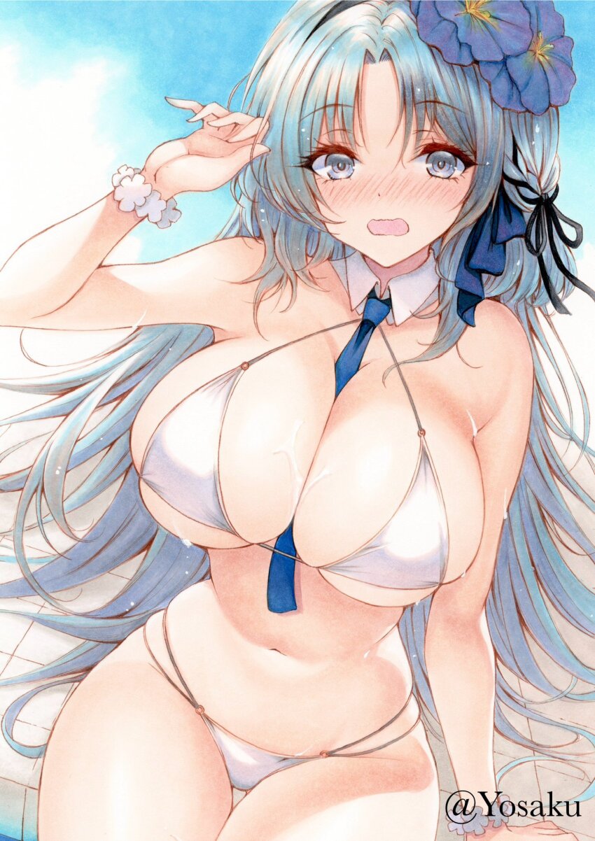 1girl alsace_(azur_lane) alsace_(heat_beating_summer_sacrament)_(azur_lane) azur_lane bare_shoulders between_breasts bikini blue_eyes blue_hair blue_necktie blush breasts cleavage detached_collar flower hair_flower hair_ornament hair_spread_out highres huge_breasts large_breasts long_hair looking_at_viewer midriff navel necktie official_alternate_costume solo swimsuit very_long_hair white_bikini yosaku_vs_hina