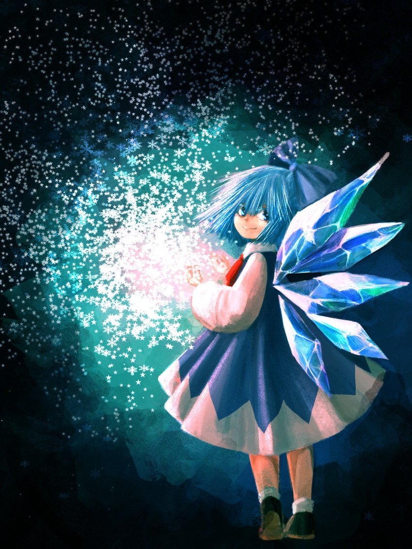 1girl black_footwear blue_bow blue_hair blue_skirt bow cirno female_focus from_behind full_body glowing hair_between_eyes hair_bow highres ice ice_wings komaku_juushoku light_smile long_sleeves looking_at_viewer magic red_neckwear shirt shoes short_hair skirt skirt_set snowflakes socks solo touhou walking white_shirt white_socks wide_sleeves wings