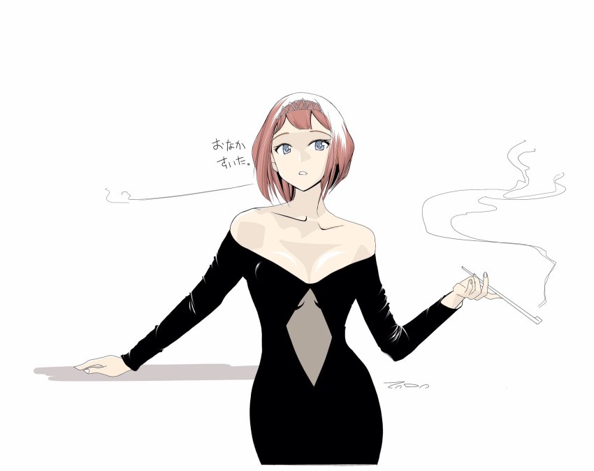 1girl alternate_costume ark_royal_(kancolle) black_dress blue_eyes blunt_bangs bob_cut commentary_request cowboy_shot dress highres kantai_collection looking_at_viewer off-shoulder_dress off_shoulder red_hair short_hair simple_background smoking_pipe solo standing tada_(tactical_tada) translation_request white_background