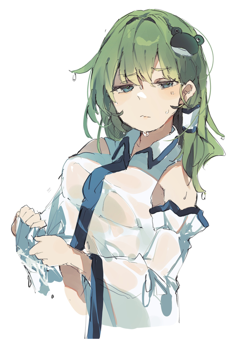 1girl aqua_eyes bare_shoulders breasts detached_sleeves dripping frog frog_hair_ornament frown green_hair hair_ornament hair_tubes higa_(gominami) highres kochiya_sanae long_hair see-through_clothes shirt simple_background touhou upper_body wet wet_clothes wringing_clothes