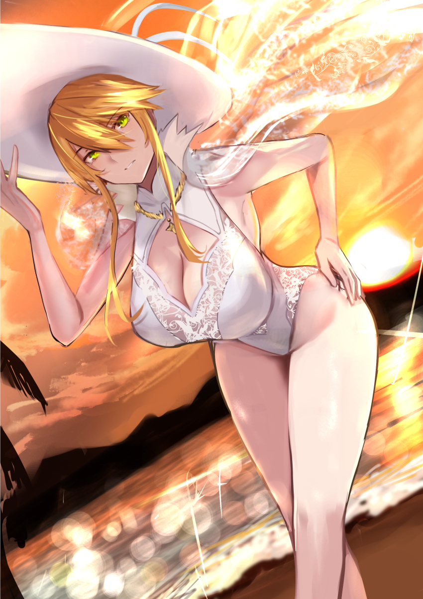 1girl absurdres artoria_pendragon_(all) artoria_pendragon_(fate) artoria_pendragon_(swimsuit_ruler)_(fate) artoria_pendragon_(swimsuit_ruler)_(second_ascension)_(fate) bare_shoulders beach blonde_hair blush breasts cleavage_cutout clothing_cutout fate/grand_order fate_(series) gradient_sky green_eyes hair_bun hat highres jikihatiman large_breasts leaning_forward long_hair looking_at_viewer one-piece_swimsuit orange_sky shore sidelocks sky smile solo sun_hat sunset swimsuit thighs twilight white_hat white_one-piece_swimsuit