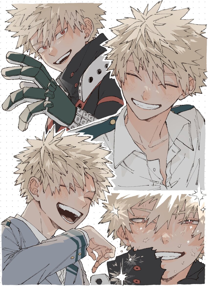 1boy absurdres arm_up bakugou_katsuki blonde_hair boku_no_hero_academia border closed_eyes collared_shirt commentary_request grey_jacket grin hair_between_eyes highres jacket kome_uo lapels laughing layered_sleeves long_sleeves looking_at_viewer looking_to_the_side male_focus multiple_views open_mouth orange_eyes popped_collar school_uniform shirt sideways_glance smile sparkle spiked_hair superhero_costume teeth u.a._school_uniform upper_teeth_only white_background white_border wing_collar