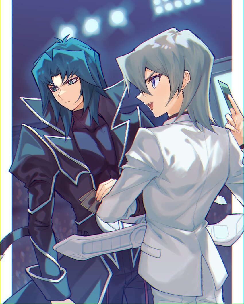 2boys absurdres black_coat black_shirt blue_eyes blue_hair border card coat cowboy_shot duel_disk edo_phoenix formal_clothes grey_hair highres holding holding_card jacket male_focus marufuji_ryo medium_hair multiple_boys pants pentacle_dark shirt suit trading_card white_border white_jacket white_pants white_suit yu-gi-oh! yu-gi-oh!_gx