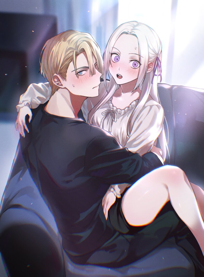 1boy 1girl back bare_legs black_shirt black_shorts blonde_hair blue_eyes blurry blurry_background blush closed_mouth couch couple dappled_sunlight dimitri_alexandre_blaiddyd edelgard_von_hresvelg fire_emblem fire_emblem:_three_houses frilled_shirt frilled_sleeves frills from_side hair_between_eyes hair_ribbon hand_on_another&#039;s_shoulder head_tilt hetero highres knee_up korean_commentary leaning_forward leaning_to_the_side light_particles long_hair long_sleeves looking_at_viewer looking_to_the_side nintendo on_couch open_mouth pants parted_bangs purple_eyes purple_ribbon ribbon shirt short_hair shorts sitting sitting_on_person sleeves_rolled_up soma_otakuu sunlight sweatdrop teeth thighs upper_teeth_only white_hair white_shirt