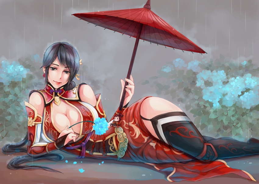 1girl black_eyes black_hair black_thighhighs breasts cleavage cleavage_cutout clothing_cutout curvy earrings female_focus flower hair_ornament highres huge_breasts hydrangea jewelry large_breasts lian_shi long_hair looking_at_viewer lying nhoyo no_bra oil-paper_umbrella on_side parasol rain shin_sangoku_musou shin_sangoku_musou_6 shin_sangoku_musou_7 smile solo sun_quan thighhighs umbrella