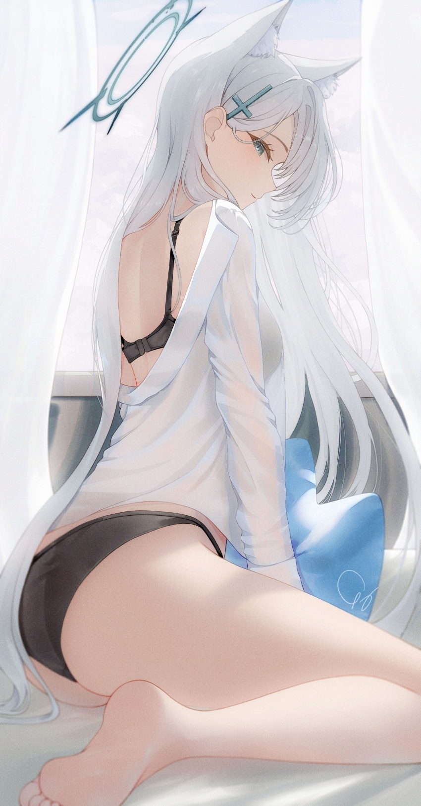 1girl absurdres alternate_costume animal_ear_fluff animal_ears ass blue_archive broken_halo commentary_request cross cross_hair_ornament dark_halo extra_ears grey_hair hair_ornament halo highres inverted_cross shiroko_(blue_archive) shiroko_terror_(blue_archive) solo underwear wolf_ears wolf_girl wute5733