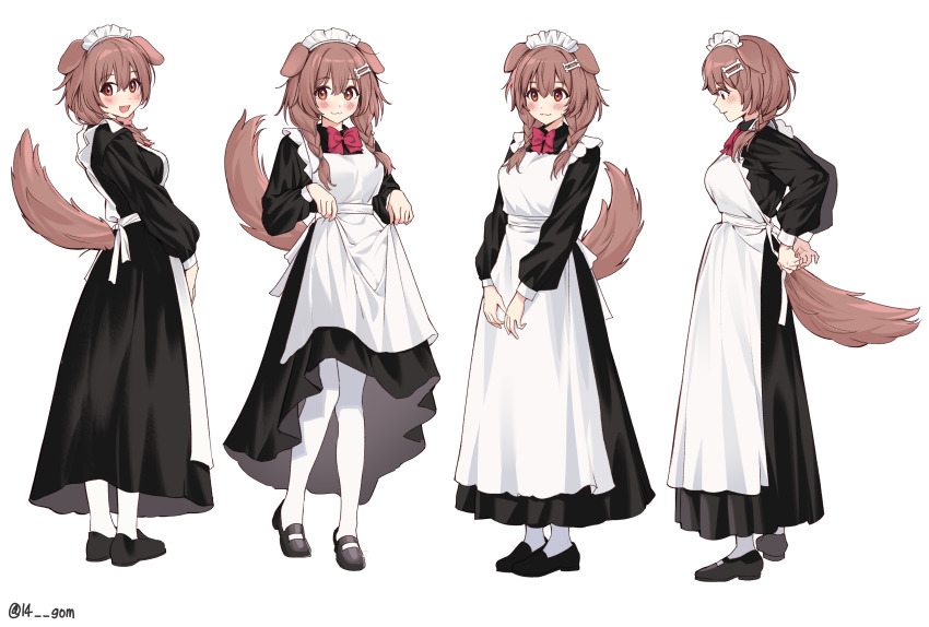 14_(vision5032) 1girl absurdres alternate_costume animal_ears apron black_dress black_footwear bone_hair_ornament braid brown_eyes brown_hair commentary_request dog_ears dog_girl dog_tail dress enmaided fangs full_body hair_ornament heart highres hololive inugami_korone long_dress long_sleeves maid maid_apron maid_headdress mary_janes multiple_views neck_ribbon open_mouth pantyhose red_ribbon ribbon shoes simple_background skirt skirt_hold smile socks spoken_heart standing tail twin_braids virtual_youtuber white_apron white_background white_pantyhose