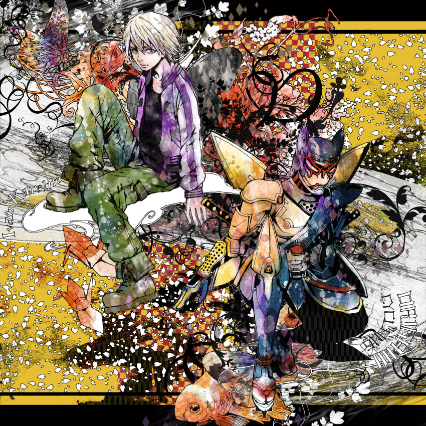 10s 2boys absurdres bad_id bad_pixiv_id blonde_hair boots dual_persona geta highres hiwako_(liquid) ivan_karelin jacket letterman_jacket male_focus multiple_boys origami_cyclone purple_eyes purple_jacket short_hair shuriken superhero_costume tabi tiger_&amp;_bunny weapon