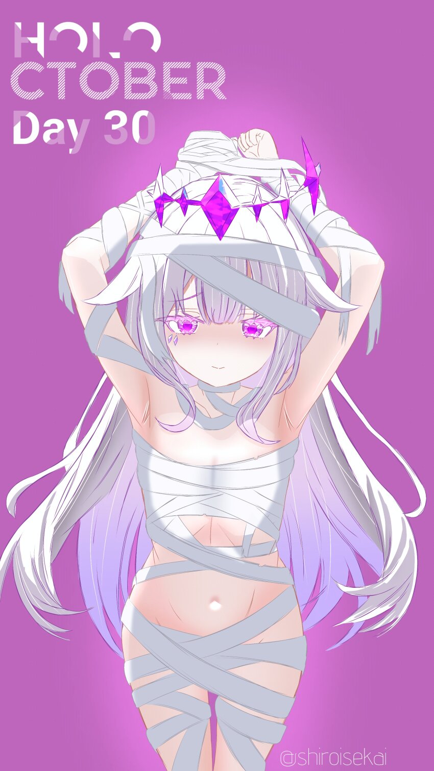 1girl absurdres alternate_costume bandaged_arm bandaged_chest bandaged_head bandaged_leg bandages circlet colored_inner_hair gem grey_hair halloween halloween_costume highres hololive hololive_english jewel_under_eye koseki_bijou long_hair multicolored_hair mummy mummy_costume naked_bandage navel purple_eyes purple_hair shiroisekai solo very_long_hair virtual_youtuber