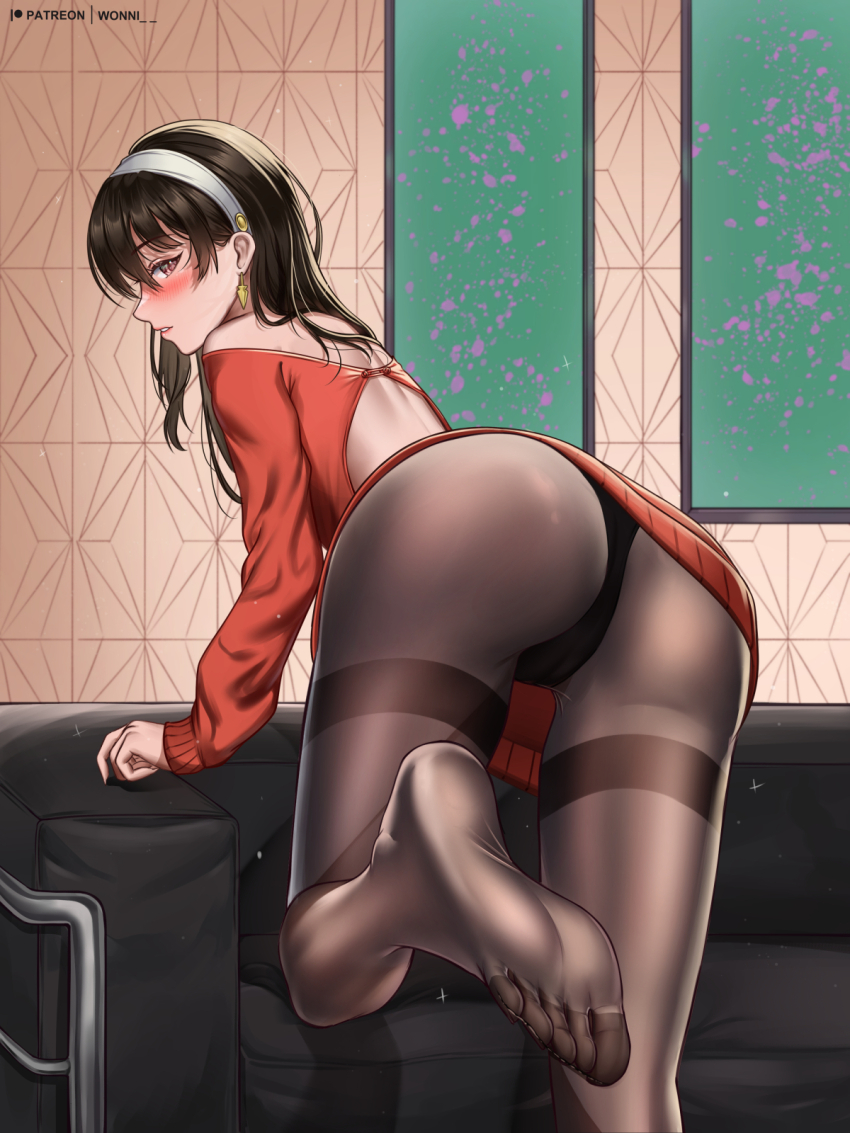 1girl ass back_cutout bare_shoulders black_hair black_panties black_pantyhose blush clothing_cutout commentary_request couch earrings feet foot_out_of_frame foreshortening hairband highres indoors jewelry legs long_hair long_sleeves looking_at_viewer no_shoes off-shoulder_sweater off_shoulder panties panties_under_pantyhose pantyhose parted_lips red_sweater revision soles solo spy_x_family sweater thighband_pantyhose thighs toes underwear white_hairband wonnikon yor_briar