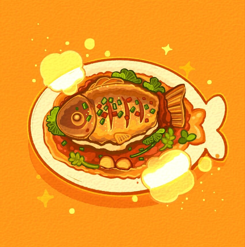 fish_(food) food_focus highres nailao_si_ka_bing no_humans orange_background original parsley plate shadow sparkle steam