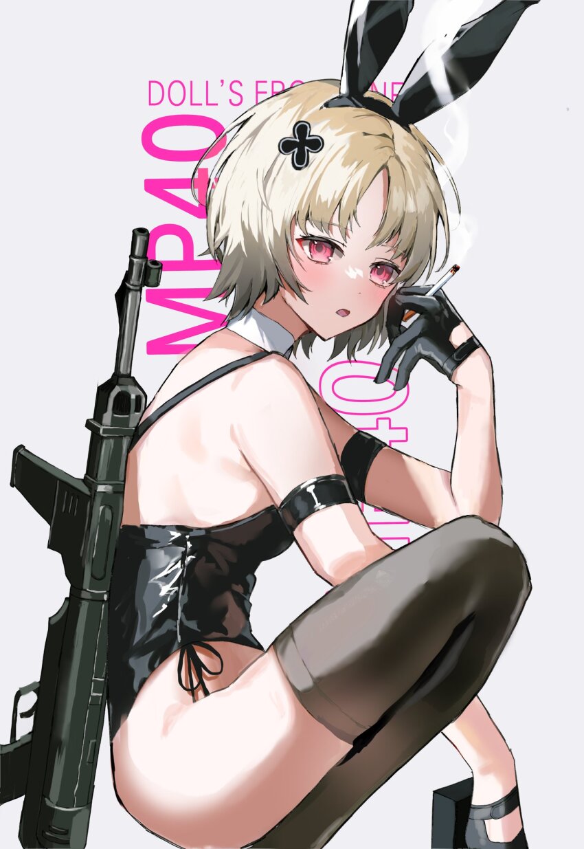 1girl animal_ears backless_leotard black_gloves black_leotard black_thighhighs blonde_hair character_name cigarette collar commentary copyright_name cross_hair_ornament detached_collar english_commentary fake_animal_ears from_side girls&#039;_frontline gloves gradient_hair grey_background gun hair_ornament harafrontline highres holding holding_cigarette leotard looking_at_viewer mp40 mp40_(champagne_of_spades)_(girls&#039;_frontline) mp40_(girls&#039;_frontline) multicolored_hair official_alternate_costume open_mouth pink_eyes playboy_bunny rabbit_ears short_hair simple_background smoke solo squatting submachine_gun thighhighs weapon white_collar