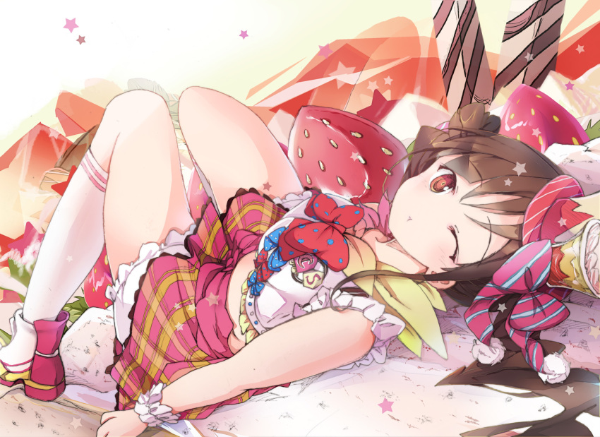 1girl bad_id bad_pixiv_id bondson bow bowtie brown_eyes brown_hair commentary_request crop_top food fruit hair_between_eyes hair_bow hat highres idolmaster idolmaster_shiny_colors kneehighs knees_together_feet_apart knees_up looking_at_viewer lying on_back one_eye_closed plaid_clothes plaid_skirt pout red_bow red_bowtie scrunchie shirt shoes skirt sleeveless sleeveless_shirt socks solo sonoda_chiyoko star_(symbol) strawberry top_hat twintails white_shirt white_socks