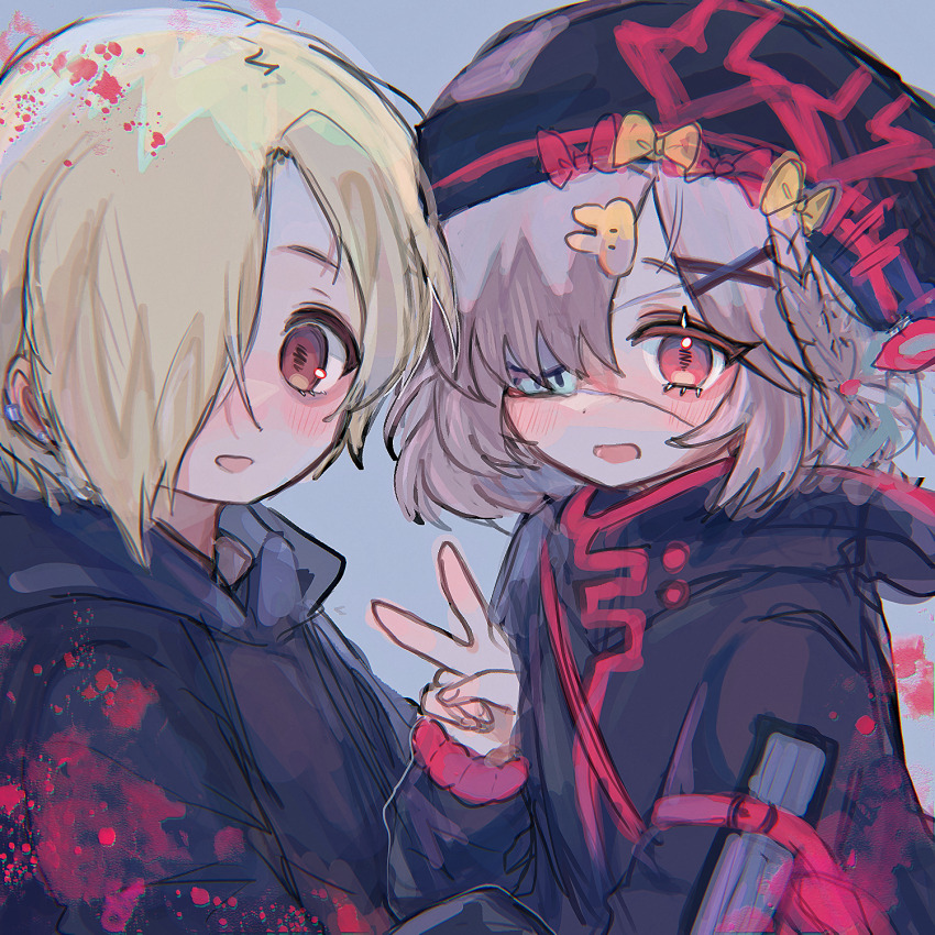 animal_ears arknights black_jacket blonde_hair crossover eyepatch grey_hair hair_ornament hair_over_one_eye hat highres idolmaster idolmaster_cinderella_girls idolmaster_cinderella_girls_starlight_stage jacket long_sleeves looking_at_viewer morita_(pixiv31883607) multiple_girls open_mouth ousaki_chiyo popukar_(arknights) red_eyes shirasaka_koume short_hair sleeves_past_wrists smile v voice_actor_connection