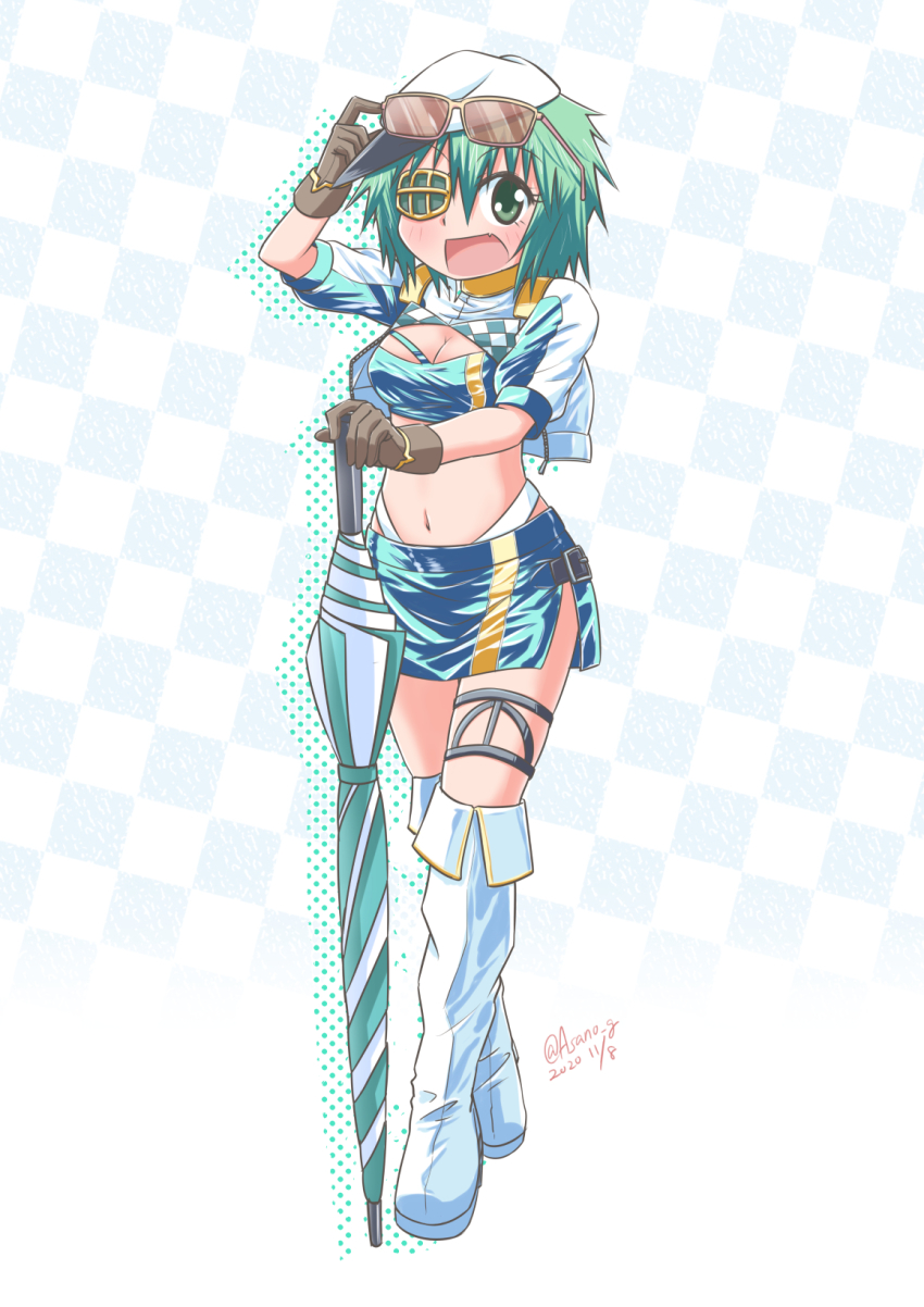 1girl asano_kazunari bandeau blue_bandeau blue_skirt boots brown_gloves checkered_background checkered_clothes closed_umbrella commentary_request cosplay crop_top cropped_jacket eyepatch full_body gloves gotland_(fuji_speedway_race_queen_mode)_(kancolle) gotland_(kancolle) gotland_(kancolle)_(cosplay) green_eyes green_hair headphones headset highleg highleg_panties highres jacket kantai_collection kiso_(kancolle) looking_at_viewer microphone miniskirt panties planted planted_umbrella race_queen short_hair skirt smile solo thigh_boots umbrella underwear white_jacket white_panties