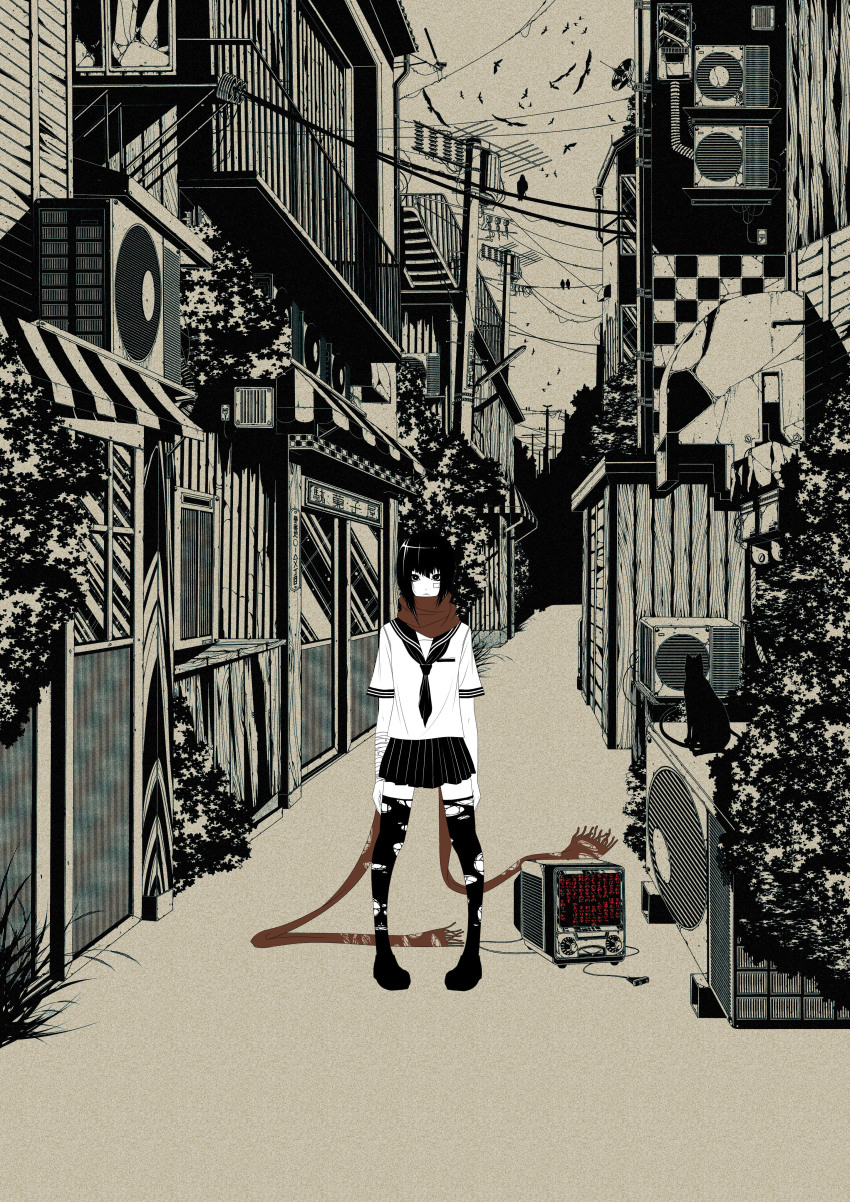 1girl absurdres alley bad_id bad_pixiv_id bandages bird black_eyes black_hair bouno_satoshi cat female_focus highres original pigeon-toed radio_antenna scarf school_uniform solo spot_color standing thighhighs torn_clothes torn_thighhighs zettai_ryouiki