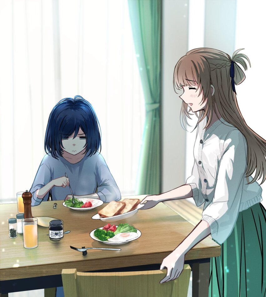 2girls :&lt; blue_eyes blue_hair blue_ribbon blush bread bread_slice brown_hair cardigan closed_eyes closed_mouth collarbone cup curtains food fork fried_egg green_skirt grey_sweater hair_between_eyes hair_ribbon half_up_braid highres indoors lr6fko4upypf9hv miyagi_shiori multiple_girls open_mouth pepper_shaker ribbon salt_shaker sendai_hazuki short_hair shuuniichido_classmate_wo_kau_hanashi sidelocks skirt sleeves_past_elbows spoon sweater table toast tomato white_cardigan