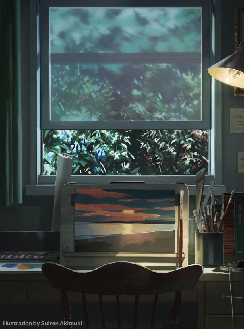 art_brush artist_name book cellphone chair charger commentary_request desk desk_lamp drawer foliage highres indoors lamp no_humans original paint paintbrush painting_(object) phone ruler scenery smartphone window yakan_(2281101)