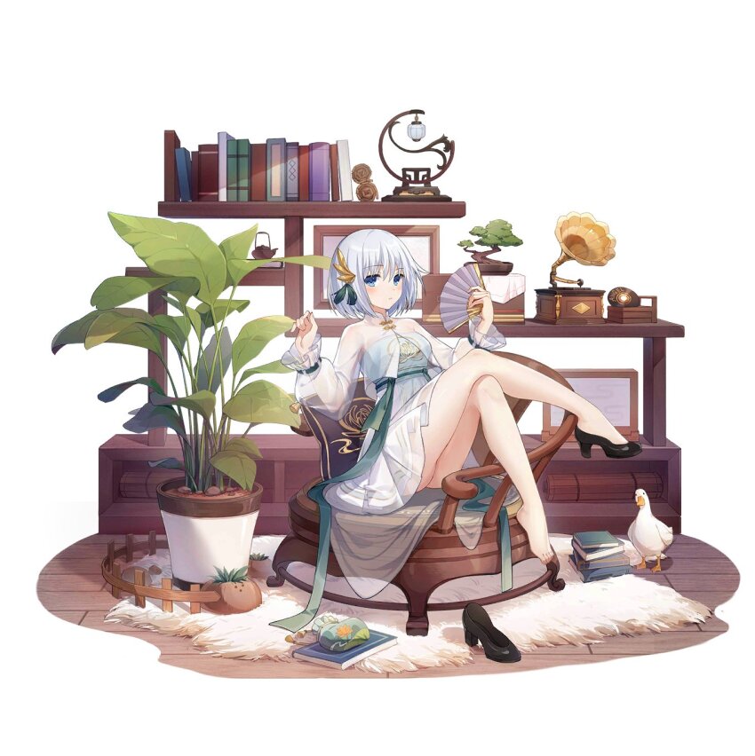 1girl bird black_footwear blue_eyes bonsai book breasts carpet chair chinese_clothes date_a_live date_a_live:_spirit_pledge duck folding_fan hair_ornament hand_fan highres long_sleeves looking_at_viewer official_alternate_costume official_art phonograph plant potted_plant puffy_long_sleeves puffy_sleeves short_hair sitting smile solo teapot third-party_source tobiichi_origami white_hair