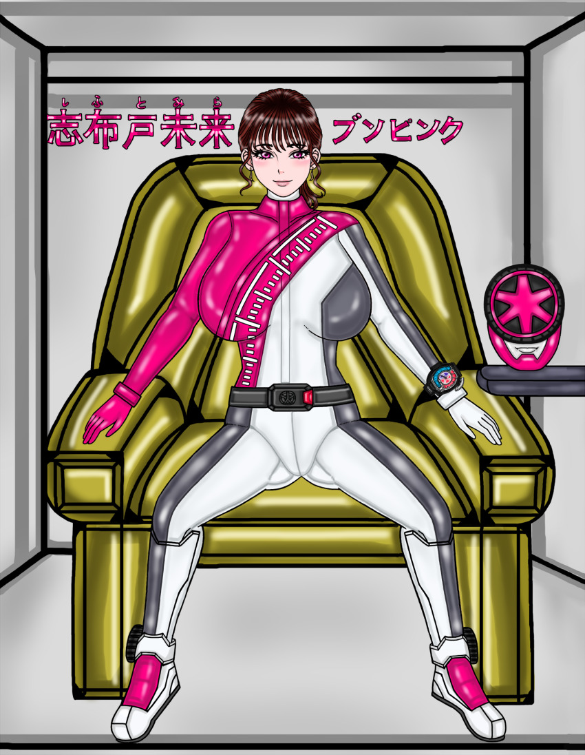 1girl bakuage_sentai_boonboomger belt bodysuit boots brown_hair cockpit lorcat lorcat_(artist) magenta_eyes shifuto_mira sitting_in_chair super_sentai