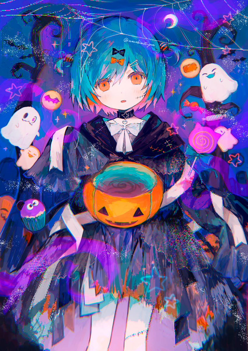 1girl :d ^_^ absurdres bare_shoulders black_bow black_choker black_dress blue_background blue_hair blue_theme bow bowtie candy choker closed_eyes colored_inner_hair dress empty_eyes expressionless feet_out_of_frame food ghost glitch hair_bow halloween hand_up highres irodori_warabi jack-o&#039;-lantern legs_apart lollipop looking_at_viewer muffin multicolored_hair open_mouth orange_bow orange_eyes orange_hair original parted_lips pumpkin scar scar_on_face scar_on_leg short_hair silk smile solo spider_web swirl_lollipop tree two-tone_hair