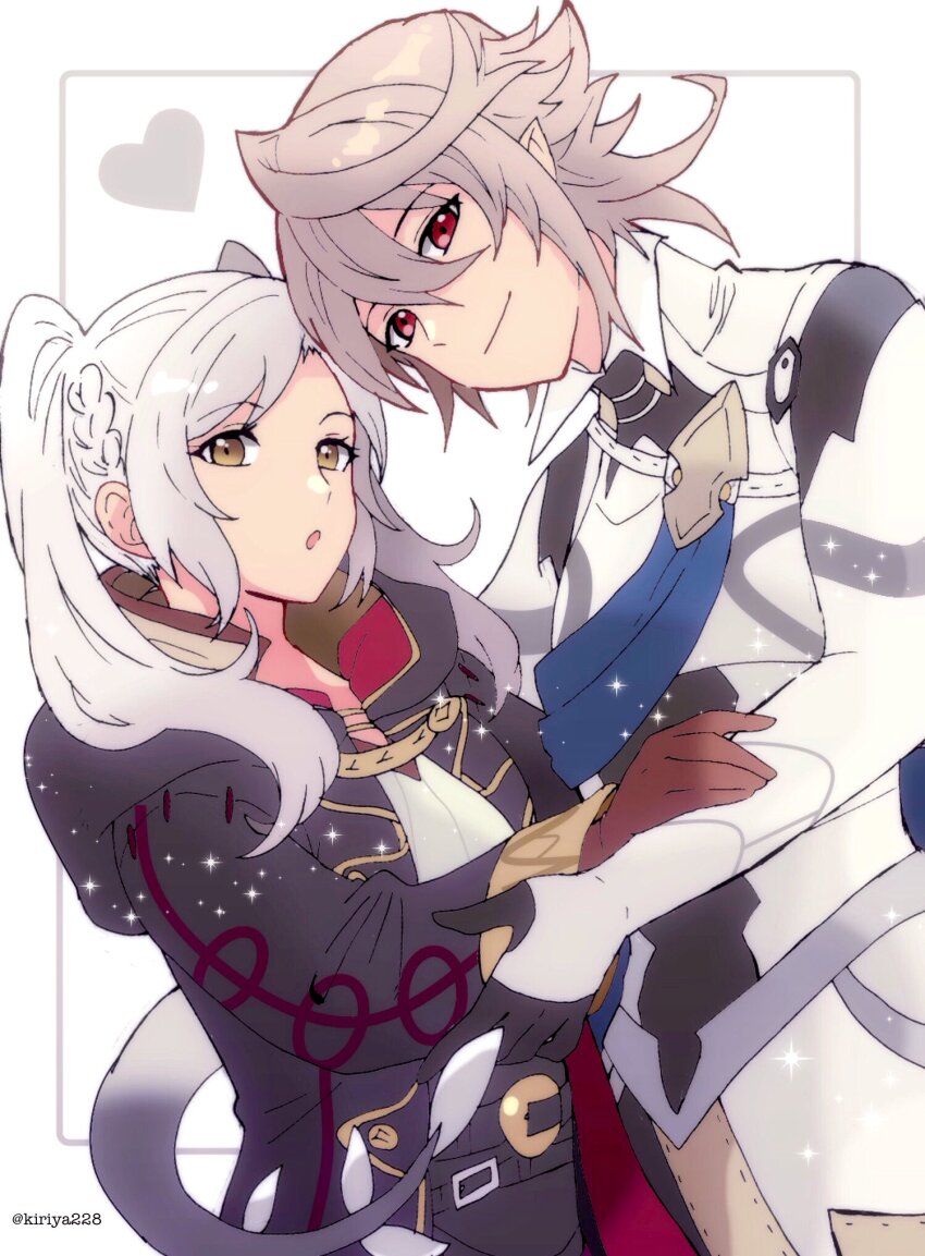 1boy 1girl brown_eyes corrin_(fire_emblem) corrin_(male)_(fire_emblem) couple fire_emblem fire_emblem_awakening fire_emblem_fates hetero highres kiriya_(552260) looking_at_viewer nintendo pointy_ears red_eyes robin_(female)_(fire_emblem) robin_(fire_emblem) twintails upper_body white_hair