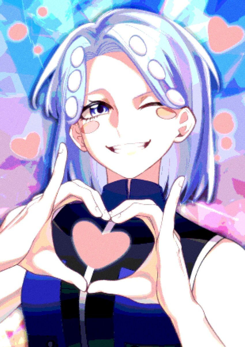 1girl ;d absurdres aizome_komachi blue_eyes blue_hair blush_stickers eyelashes grin hashtag-only_commentary heart heart_hands highres jumpsuit multicolored_background no_42street one_eye_closed open_mouth sentai_dai_shikkaku short_hair smile solo upper_body