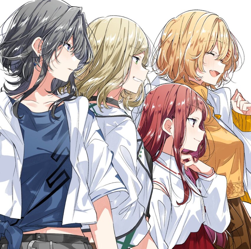 4girls asanagi_yori black_choker black_hair black_shirt blonde_hair blue_eyes blue_shirt choker closed_eyes collarbone commentary_request cowboy_shot earrings fang floating_hair green_eyes hair_intakes hair_ornament hairclip hand_up jacket jewelry long_hair long_sleeves medium_hair midriff_peek mizuguchi_aki multiple_girls navel official_art open_clothes open_jacket open_mouth orange_shirt parted_lips red_hair sasayaku_you_ni_koi_wo_utau shirt sidelocks simple_background sleeves_past_wrists tachibana_kaori_(sasakoi) takeshima_eku tied_skirt tsutsui_mari_(sasakoi) white_background white_jacket