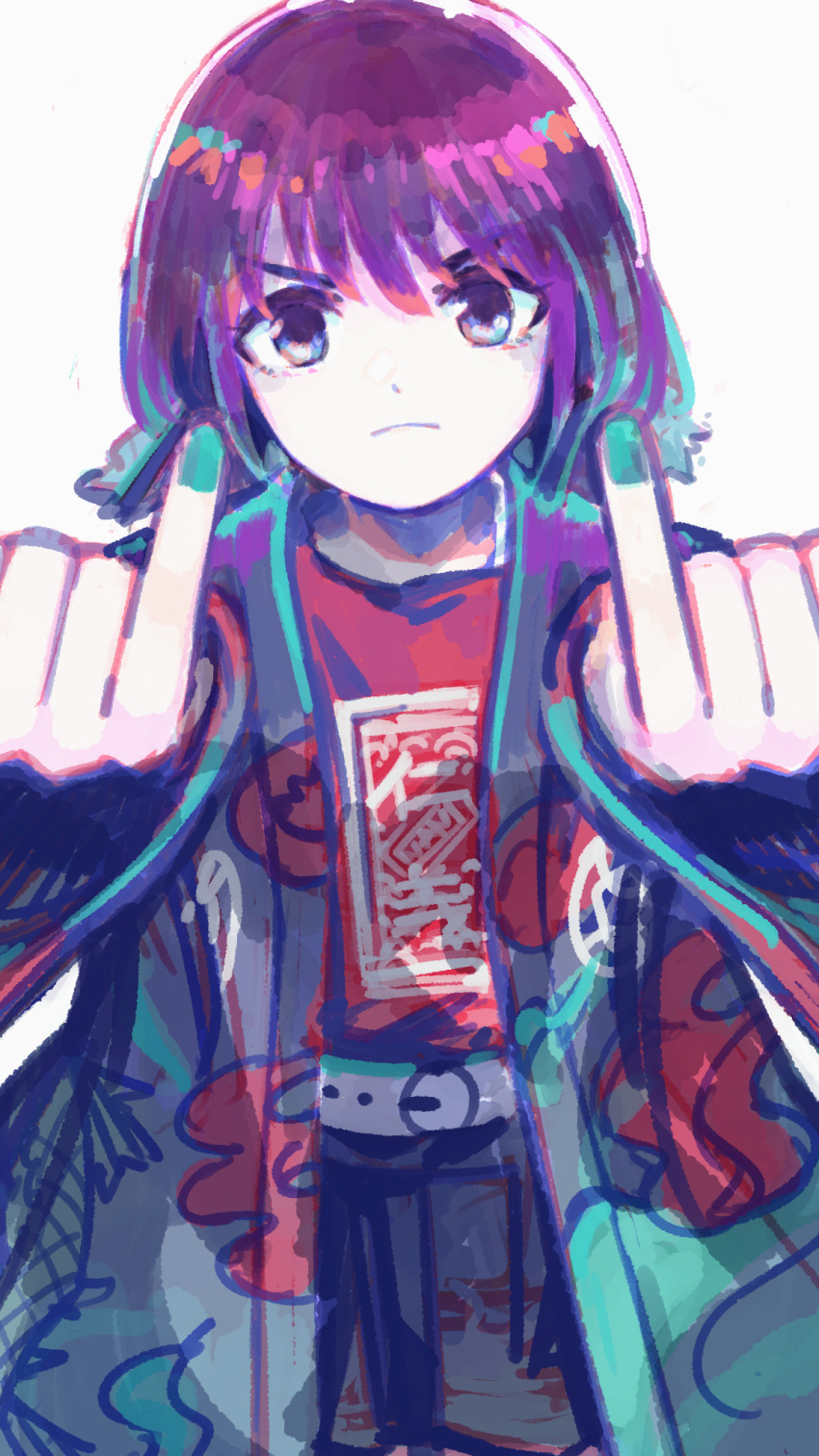 1girl belt black_shorts blue_eyes blue_hair blue_nails closed_mouth commentary earrings frown girls_band_cry happi highres iseri_nina japanese_clothes jewelry kuuhaku_to_catharsis looking_at_viewer low_twintails nail_polish open_clothes pinky_out red_hair red_shirt shirt short_hair short_twintails shorts simple_background solo twintails wasabisuke white_background