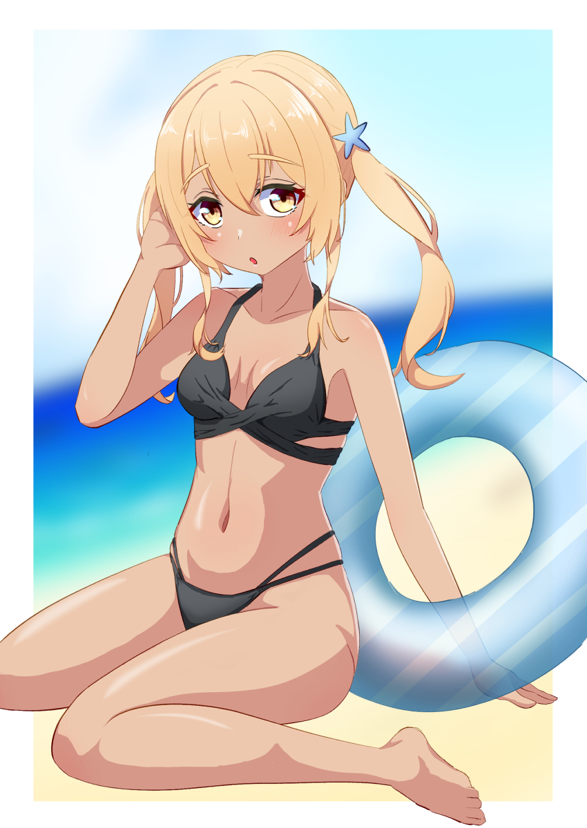 1000-chan 1girl absurdres barefoot bikini black_bikini blonde_hair breasts cheria commentary_request hair_ornament highres innertube long_hair looking_at_viewer oizumi sitting small_breasts solo star_(symbol) star_hair_ornament swim_ring swimsuit tan wariza yellow_eyes