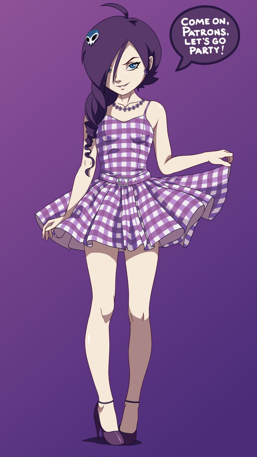 1girl absurdres dress drill_hair drill_ponytail high_heels highres purple_hair purple_heels zone-tan