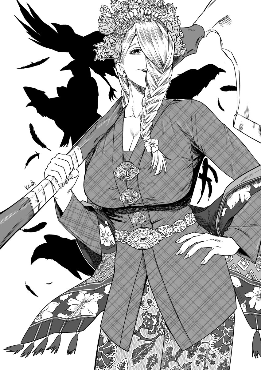 1girl absurdres axe bird braid braided_bangs braided_ponytail breasts cleavage crow floral_print hair_over_face hair_over_one_eye hand_on_own_hip highres holding holding_axe holding_weapon indonesian_clothes jujutsu_kaisen kebaya kei_dragonsheaven large_breasts long_hair long_sleeves mei_mei_(jujutsu_kaisen) one_eye_covered solo weapon