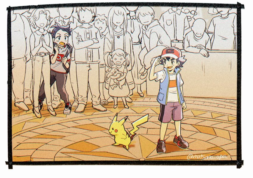 3girls 6+boys :d ash_ketchum backpack bag black_hair blue_vest border commentary_request creatures_(company) game_freak gen_1_pokemon goh_(pokemon) hat holding_strap matsuno_opa multiple_boys multiple_girls nintendo open_clothes open_mouth open_vest pants partially_colored pikachu pokemon pokemon_(anime) pokemon_(creature) pokemon_journeys red_headwear shirt shoes short_hair short_sleeves shorts smile standing t-shirt twitter_username vest white_border white_shirt