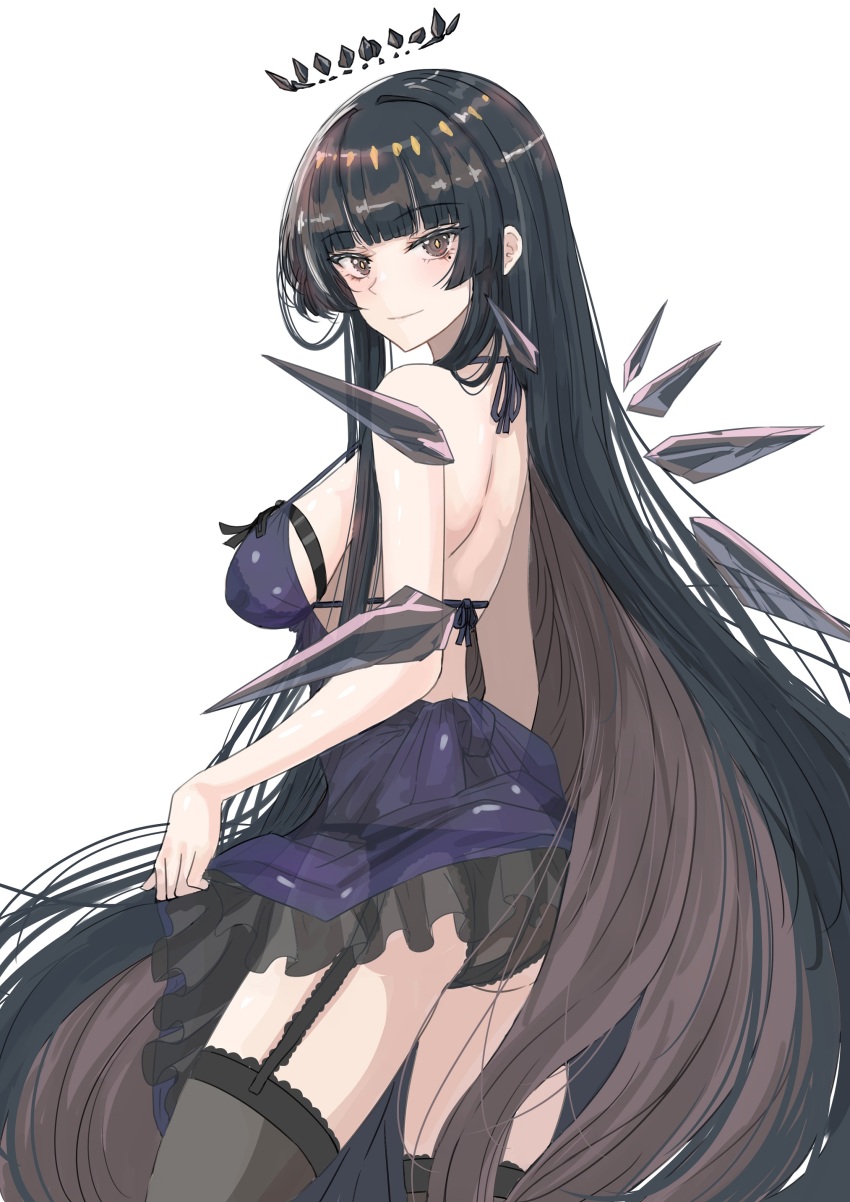 1girl absurdres alternate_breast_size alternate_costume arknights bare_shoulders black_eyes black_hair black_halo black_panties black_thighhighs black_wings breasts closed_mouth commentary_request cowboy_shot dress from_side garter_straps halo highres ken_(shutenndouji1) large_breasts long_hair looking_at_viewer panties purple_dress sideboob simple_background solo thighhighs thighs underwear very_long_hair virtuosa_(arknights) white_background wings