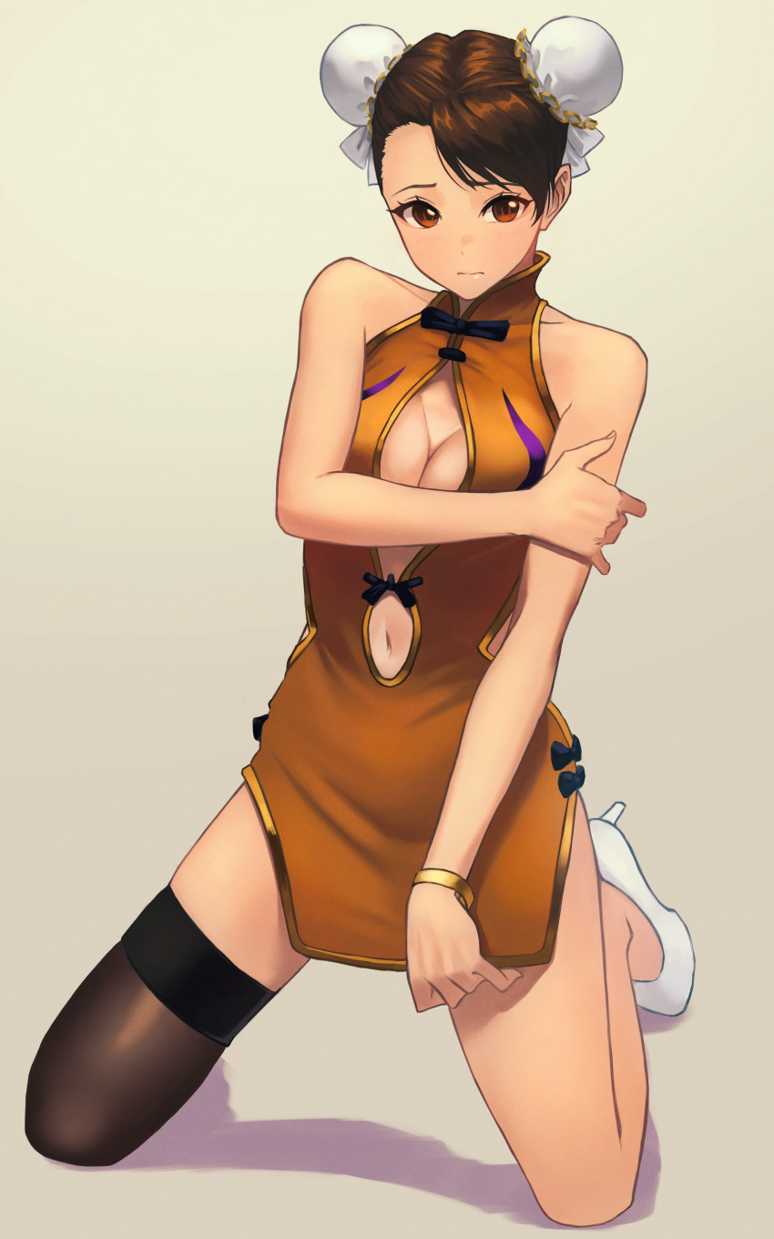 1girl absurdres alternate_costume bare_shoulders blush bracelet brown_background brown_eyes brown_hair brown_thighhighs bun_cover capcom chun-li cleavage_cutout clothing_cutout double_bun dress full_body hair_bun hara_kenshi high_heels highres huge_filesize jewelry navel_cutout orange_dress single_thighhigh solo squatting street_fighter thighhighs white_footwear