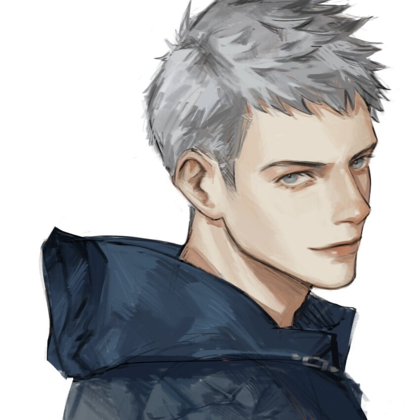 1boy blue_eyes blue_jacket closed_mouth commentary devil_may_cry_(series) devil_may_cry_5 english_commentary from_side highres hood hood_down hooded_jacket jacket kdf_(nomorelemontea) looking_at_viewer male_focus nero_(devil_may_cry) short_hair sideburns simple_background smile solo upper_body very_short_hair white_background white_hair