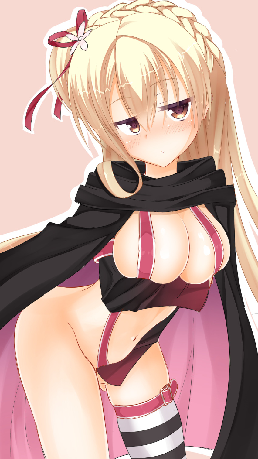 1girl :/ amairo_islenauts arm_under_breasts ayachi_nene ayachi_nene_(cosplay) belt belt_bra black_cape blonde_hair blush braid breasts brown_eyes cape capelet clip_studio_paint_(medium) closed_mouth commentary_request company_connection cosplay cowboy_shot crown_braid eyes_visible_through_hair flower frown groin hair_between_eyes hair_flower hair_ornament hair_over_shoulder hair_ribbon highres jitome large_breasts light_brown_background long_hair long_sleeves looking_at_viewer makochan42 navel no_pants nose_blush one_side_up pink_belt pink_capelet pink_flower ribbon sanoba_witch sanpaku shirley_warwick shy simple_background single_thighhigh skindentation solo striped_clothes striped_thighhighs thighhighs two-sided_cape two-sided_fabric wide_sleeves yuzu-soft