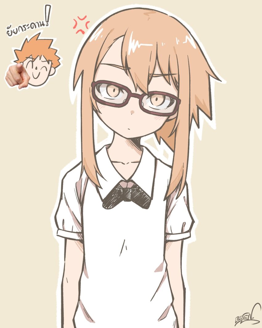 1girl anger_vein black_bow black_bowtie bow bowtie brown_background brown_eyes character_request check_translation chibi chibi_inset closed_mouth collared_shirt copyright_request flat_chest frown glasses hair_between_eyes head_tilt highres koonowen light_blush looking_at_viewer outline parody real_life_insert red-framed_eyewear shirt short_hair short_hair_with_long_locks short_sleeves sidelocks signature simple_background solo thai_text tortoiseshell-framed_eyewear translation_request upper_body white_outline white_shirt