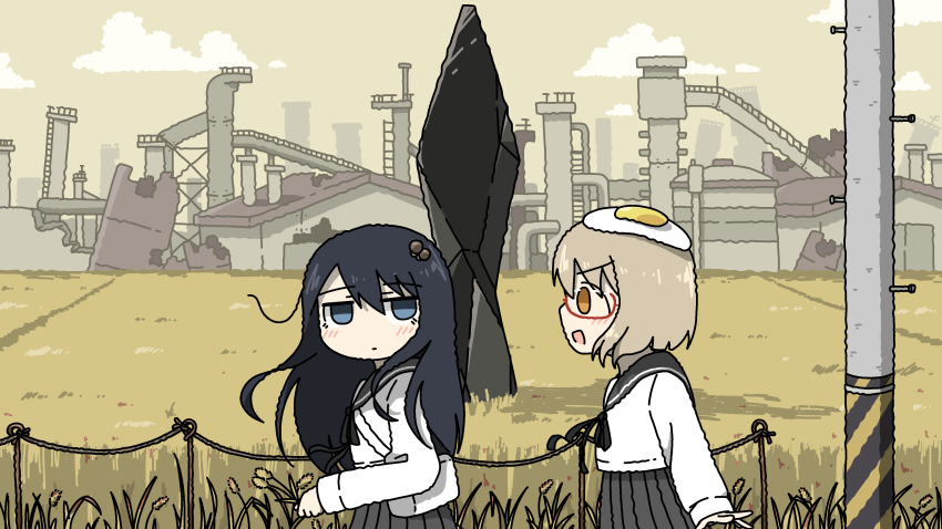 2girls absurdres black_hair black_ribbon blonde_hair emesan_desu factory field food food_on_head fried_egg glasses grey_sailor_collar grey_skirt highres long_hair looking_at_viewer looking_to_the_side medium_hair multiple_girls mushroom_on_head neck_ribbon object_on_head open_mouth outdoors pleated_skirt ribbon sailor_collar sailor_shirt school_uniform serafuku shimeji_simulation shirt skirt standing tsukishima_shijima upper_body utility_pole white_shirt yamashita_majime