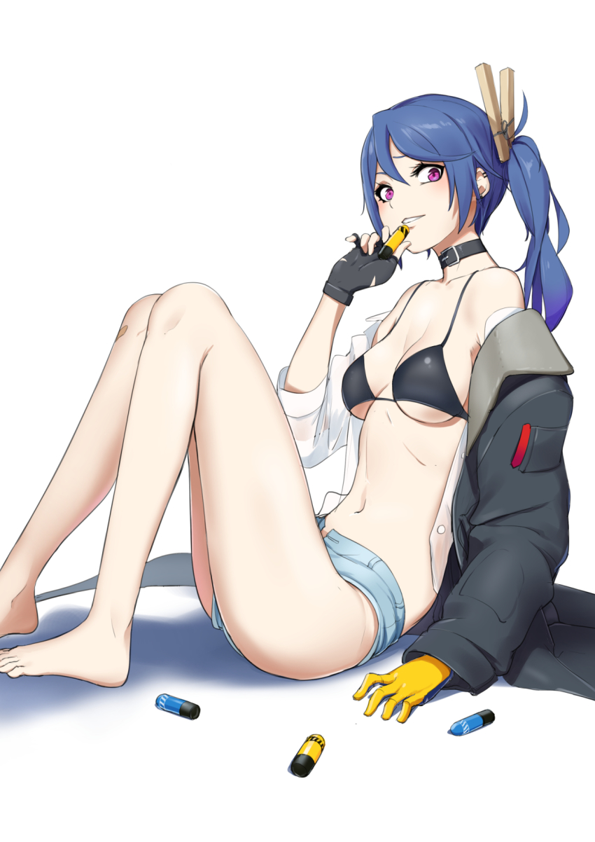 1girl 20mm_grenade 20x30mm_grenade 20x30mm_lv_heab_k167 20x30mm_lv_p_k168 airburst_round ammunition anti-materiel_cartridge asymmetrical_gloves barefoot bikini bikini_top_only black_bikini blue_hair breasts cannon_cartridge choker coat collared_shirt commentary denim denim_shorts dummy_round ear_piercing explosive fragmentation_grenade fragmentation_warhead girls&#039;_frontline gloves gradient_hair grenade grenade_cartridge hair_between_eyes hair_ornament high-explosive_airburst_round high-explosive_cartridge highres holding k11_(girls&#039;_frontline) long_sleeves looking_at_viewer medium_breasts military_cartridge mismatched_gloves multicolored_hair navel open_clothes open_coat open_fly open_shirt piercing precision-guided_munition purple_eyes sanderson shirt shorts side_ponytail sitting smart_grenade solo subsonic_ammunition swimsuit white_background white_shirt