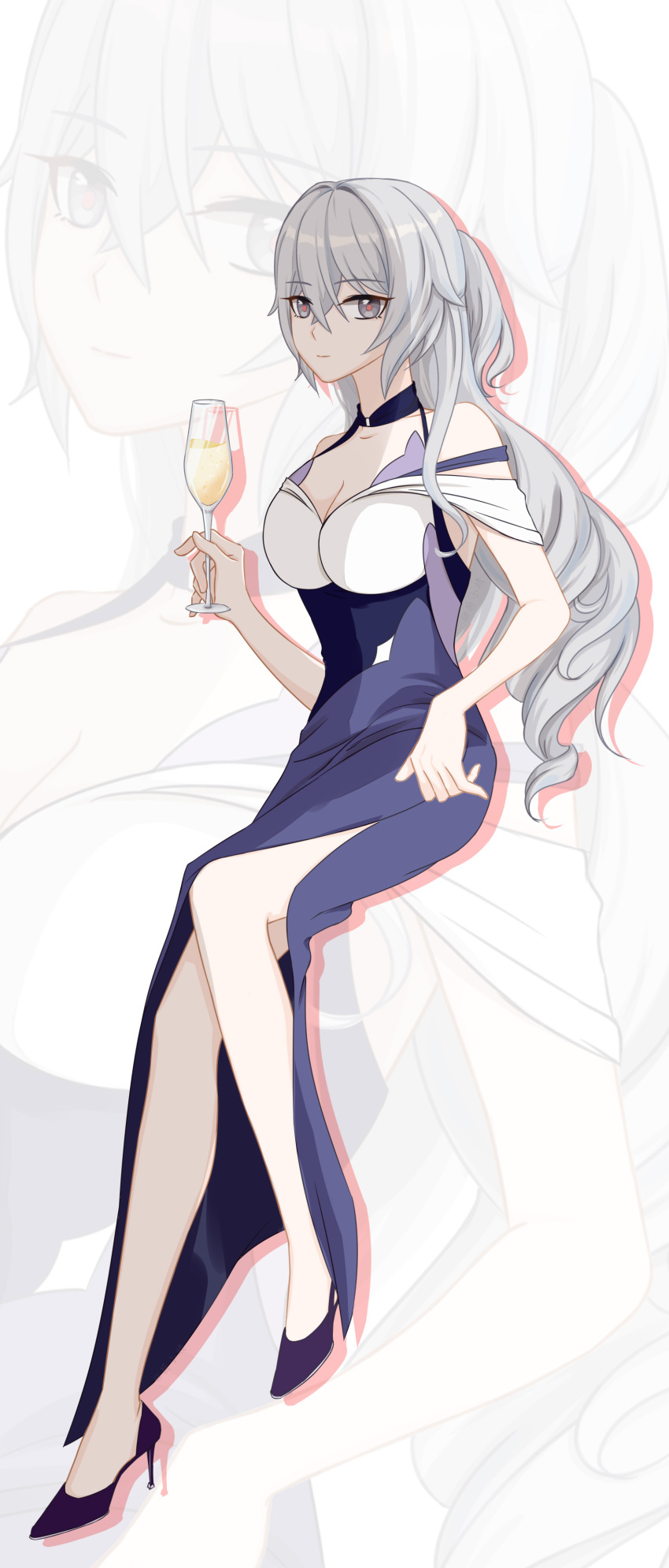 1girl absurdres bare_shoulders black_choker black_footwear blue_dress breasts bronya_zaychik choker cleavage cup dress grey_eyes grey_hair half_updo high_heels highres holding holding_cup honkai_(series) honkai_impact_3rd long_dress long_hair looking_at_viewer off-shoulder_dress off_shoulder short_sleeves side_slit sitting two-tone_dress very_long_hair weixiaoqing white_background white_dress zoom_layer