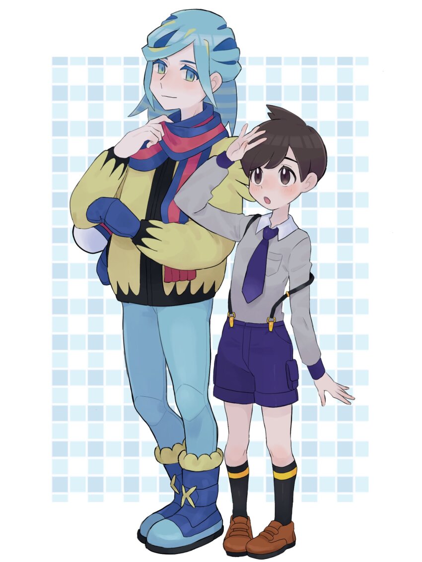 2boys :o arm_up black_socks blue_footwear blue_mittens boots breast_pocket brown_eyes brown_footwear brown_hair closed_mouth collared_shirt commentary_request creatures_(company) florian_(pokemon) full_body game_freak green_eyes green_hair green_pants grey_shirt grusha_(pokemon) highres jacket kneehighs male_focus mittens multiple_boys necktie nintendo pants pocket pokemon pokemon_sv purple_necktie purple_shorts sana_(37pisana) scarf shirt shoes short_hair shorts socks standing striped_clothes striped_scarf yellow_jacket