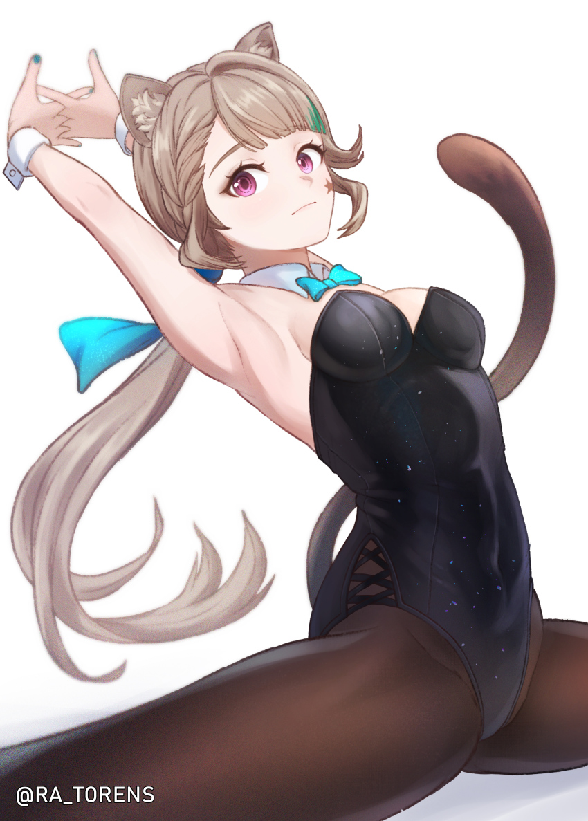 1girl absurdres animal_ear_fluff animal_ears aqua_bow aqua_bowtie armpits arms_up bare_arms bare_shoulders black_leotard bow bowtie breasts brown_pantyhose cat_ears cat_tail commentary facial_mark genshin_impact grey_hair highres kittysuit leotard looking_at_another low_ponytail lynette_(genshin_impact) nontraditional_playboy_bunny pantyhose purple_eyes ra_torens simple_background sitting small_breasts solo star_(symbol) strapless strapless_leotard tail white_background