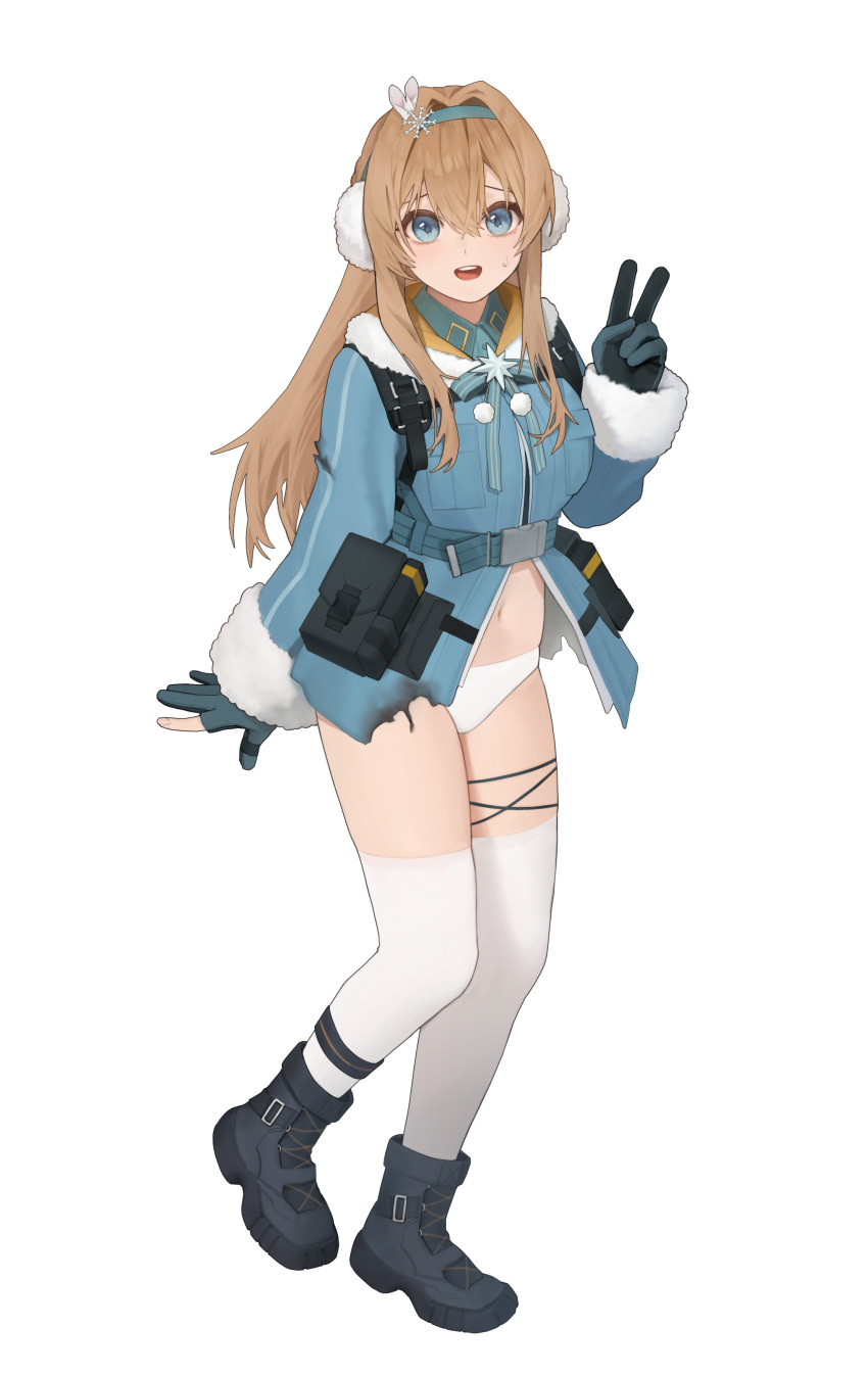 1girl absurdres asymmetrical_gloves black_footwear blonde_hair blue_eyes blue_hairband blue_jacket boots burnt_clothes commentary cross-laced_footwear earmuffs english_commentary full_body fur-trimmed_jacket fur_trim girls&#039;_frontline girls&#039;_frontline_2:_exilium gloves hairband highres jacket kir_(khw66136132) looking_at_viewer navel open_mouth panties partially_fingerless_gloves simple_background snowflakes solo standing stomach suomi_(girls&#039;_frontline) sweatdrop teeth thighhighs underwear upper_teeth_only v white_background white_panties white_thighhighs