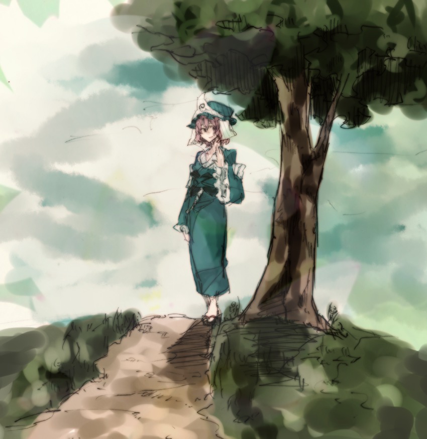 1girl bad_id bad_pixiv_id female_focus hat japanese_clothes nagami_tami nagamikennzi nature pink_eyes pink_hair saigyouji_yuyuko solo touhou tree triangular_headpiece