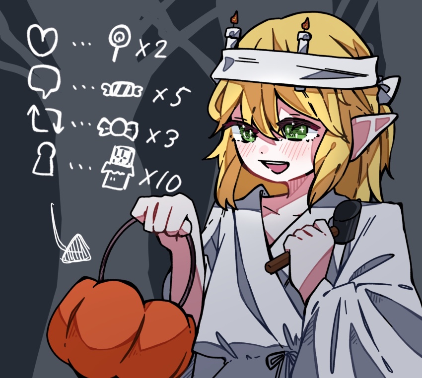 1girl alternate_costume blonde_hair blush candle commentary_request fire green_eyes grey_background halloween halloween_bucket hashihime headband highres holding holding_mallet japanese_clothes kimono kuuki593 long_sleeves mallet mizuhashi_parsee open_mouth pointy_ears short_hair smile solo sparkling_eyes touhou tree upper_body white_headband white_kimono wide_sleeves